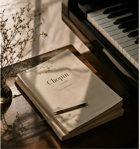 A Chopin score and a pencil resting on a wooden desk beside piano keys in warm light