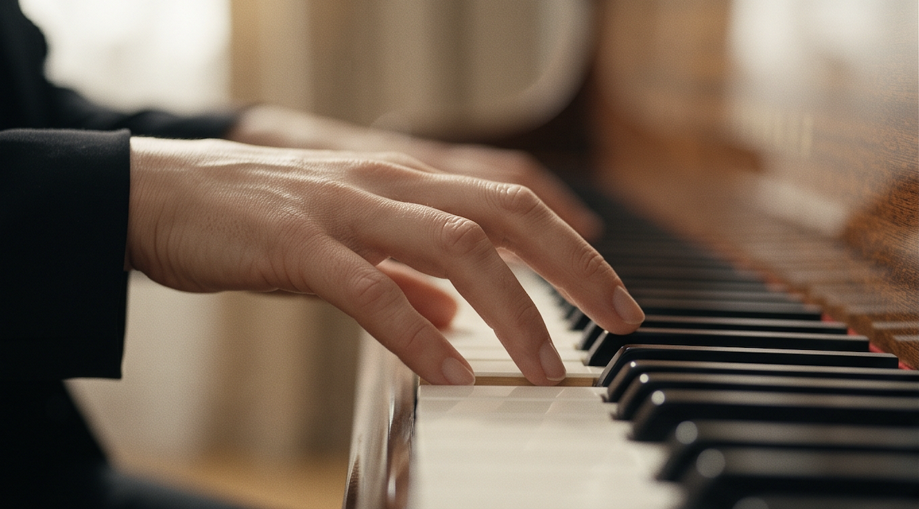 A warm close-up of a pianist’s hand moving across the white and black keys of a wooden piano in soft, shallow-focus light