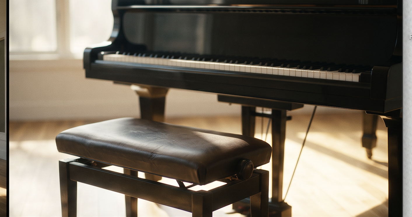 A grand piano in warm window light with an empty adjustable leather bench waiting in the foreground on a wooden floor