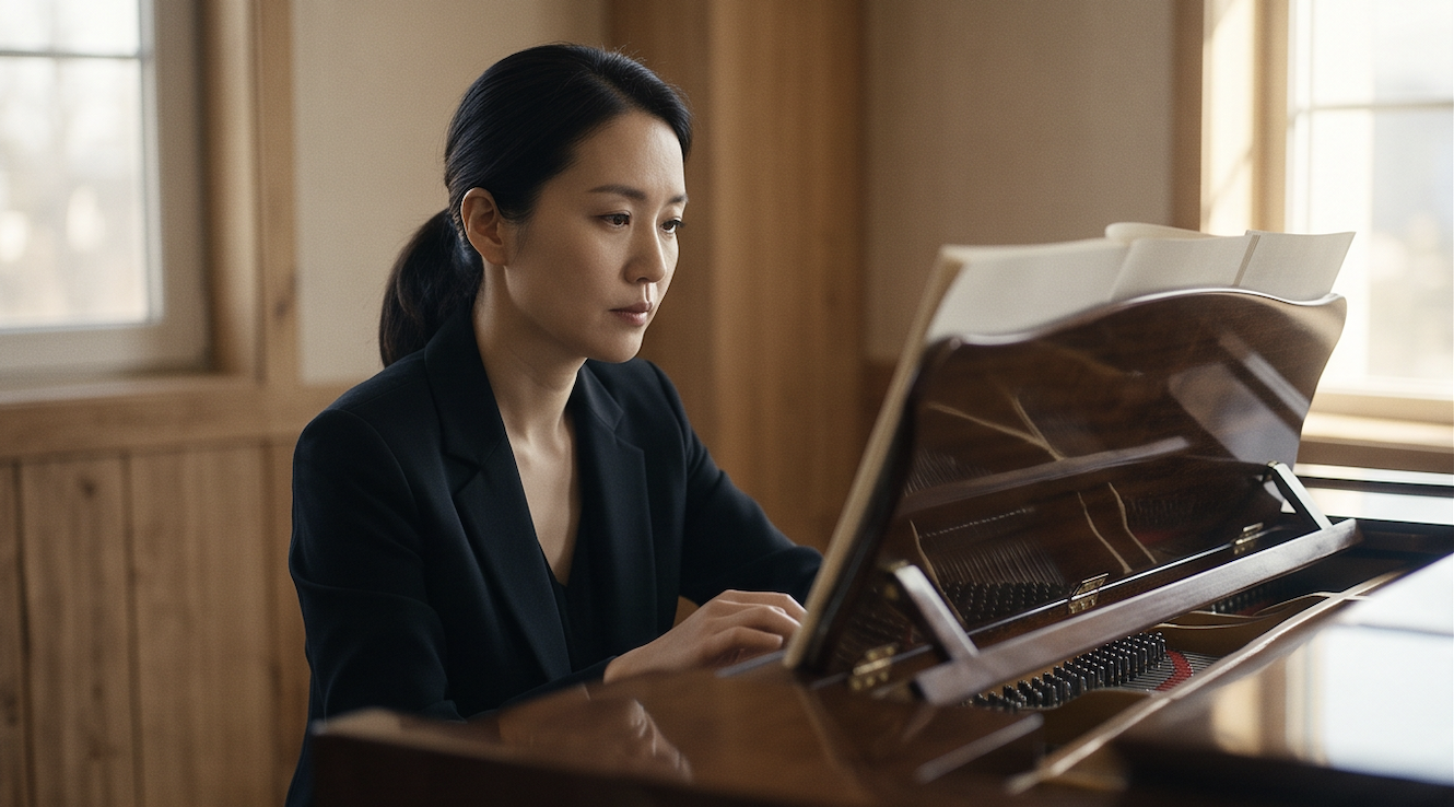 A pianist in a black blazer seen in profile at a wooden grand piano in a light, wood-panelled room, playing with quiet focus as daylight falls through the windows