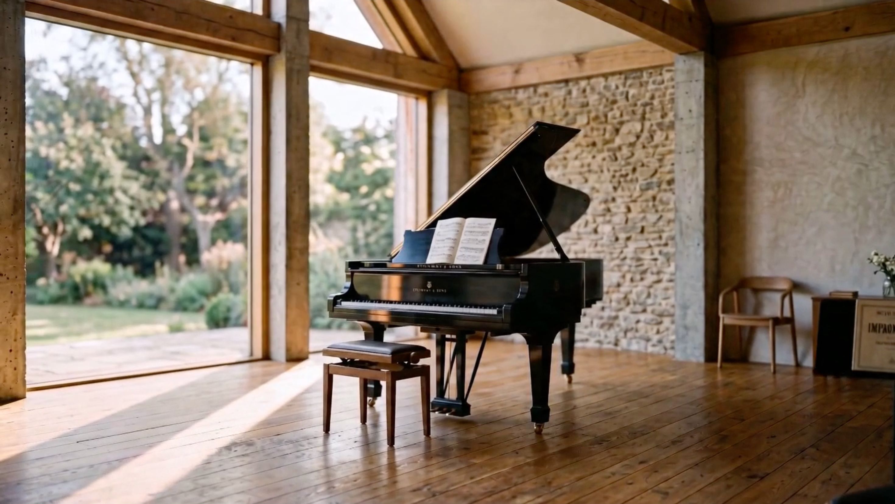 A black Steinway grand piano with open lid and sheet music, standing in a sunlit oak-framed room with tall windows overlooking a garden and a rustic stone wall