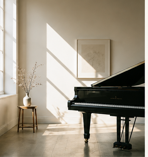 A black grand piano in a sunlit room with a vase of branches and framed art on the wall
