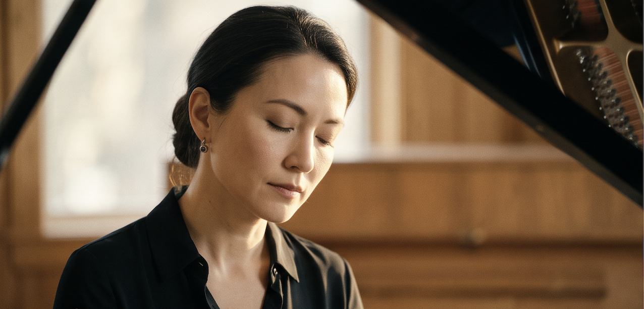 A close-up of a pianist in a black blouse at a wooden grand piano, her eyes closed in calm concentration, the raised lid and strings framing the right side of the frame