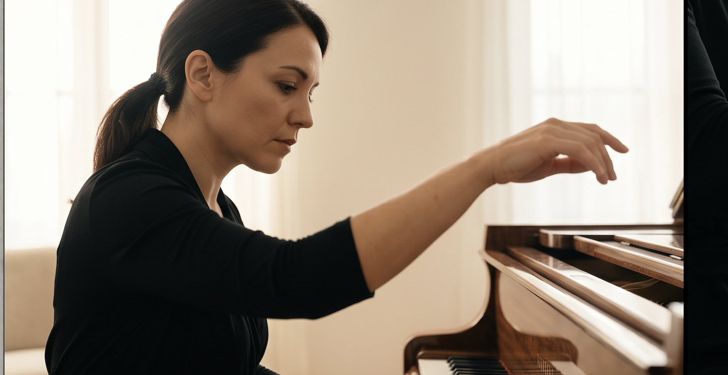 A pianist seen in profile at a wooden piano, her right arm extended and hand raised in a poised mid-air gesture above the keys, soft daylight through sheer curtains behind her
