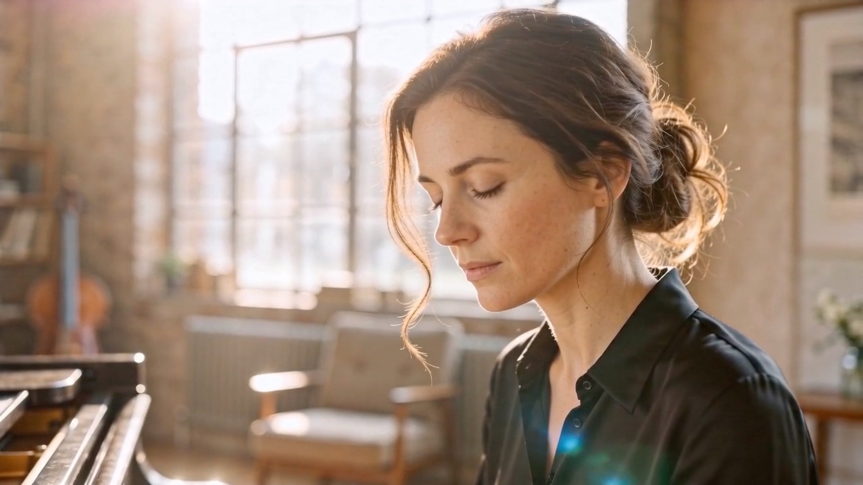 A pianist with her eyes closed at an upright piano in a sunlit room, listening inwardly before she plays
