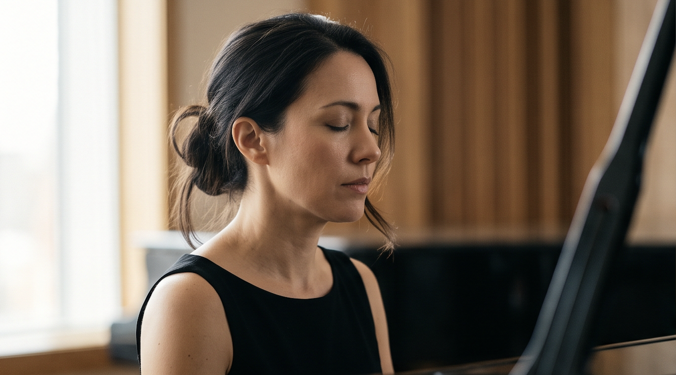 A close-up of a pianist in a black top at a grand piano, her eyes closed in quiet inward listening, soft daylight through a window at left and warm wood panelling behind