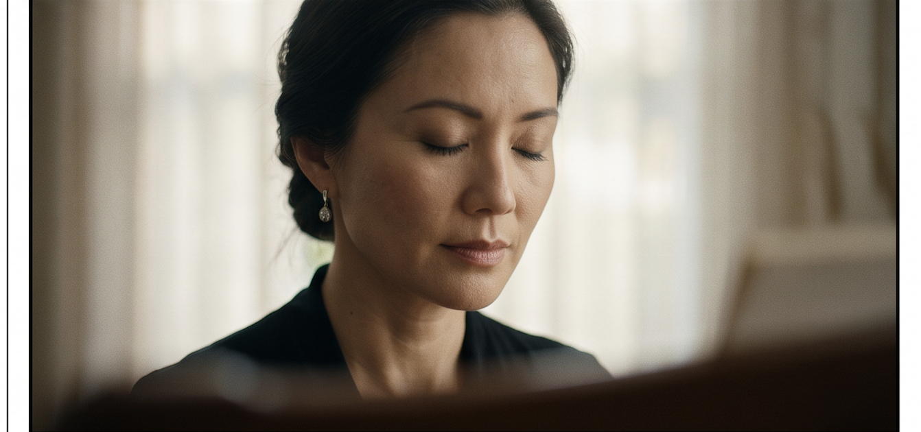 A close-up portrait of a pianist seated at the piano with her eyes closed, listening inwardly, softly lit by daylight through sheer curtains behind her