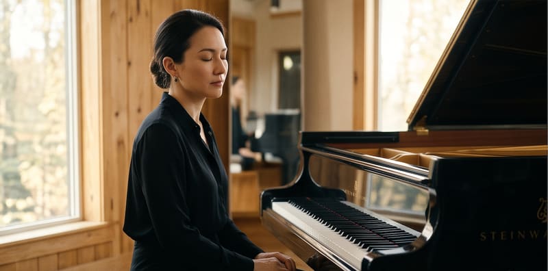 A pianist in a black top seated at a grand piano, her eyes closed in quiet concentration, soft daylight through a window behind her