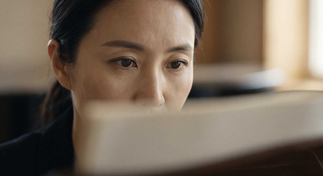 An intimate close-up of a pianist’s face in soft focus, eyes lowered in concentration toward the music, the blurred edge of the piano’s music desk crossing the foreground