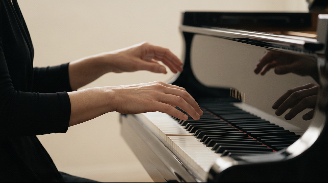 A close-up of both of a pianist’s hands in motion over the keys of a glossy black grand piano, their reflection mirrored in the polished lid, in soft warm light