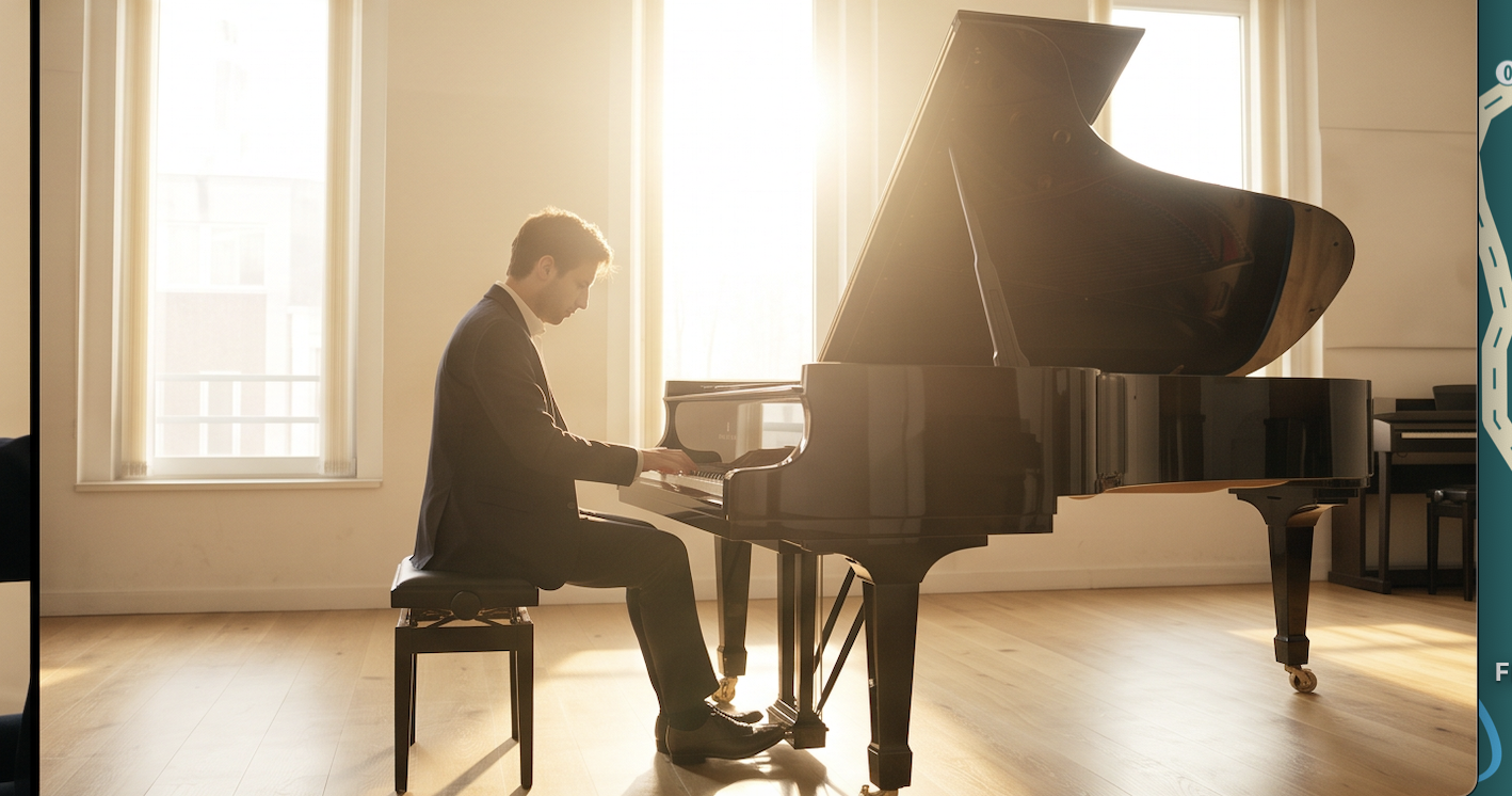 A pianist in a dark suit playing a grand piano in profile, silhouetted against tall sunlit windows in a bright recital room