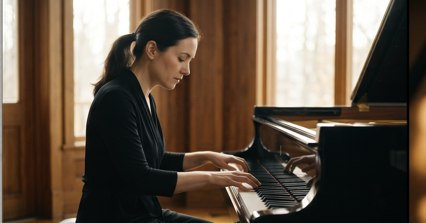 A pianist seated in profile at a grand piano in a sunlit wood-panelled room, hands resting on the keys with an unforced wrist and arm line