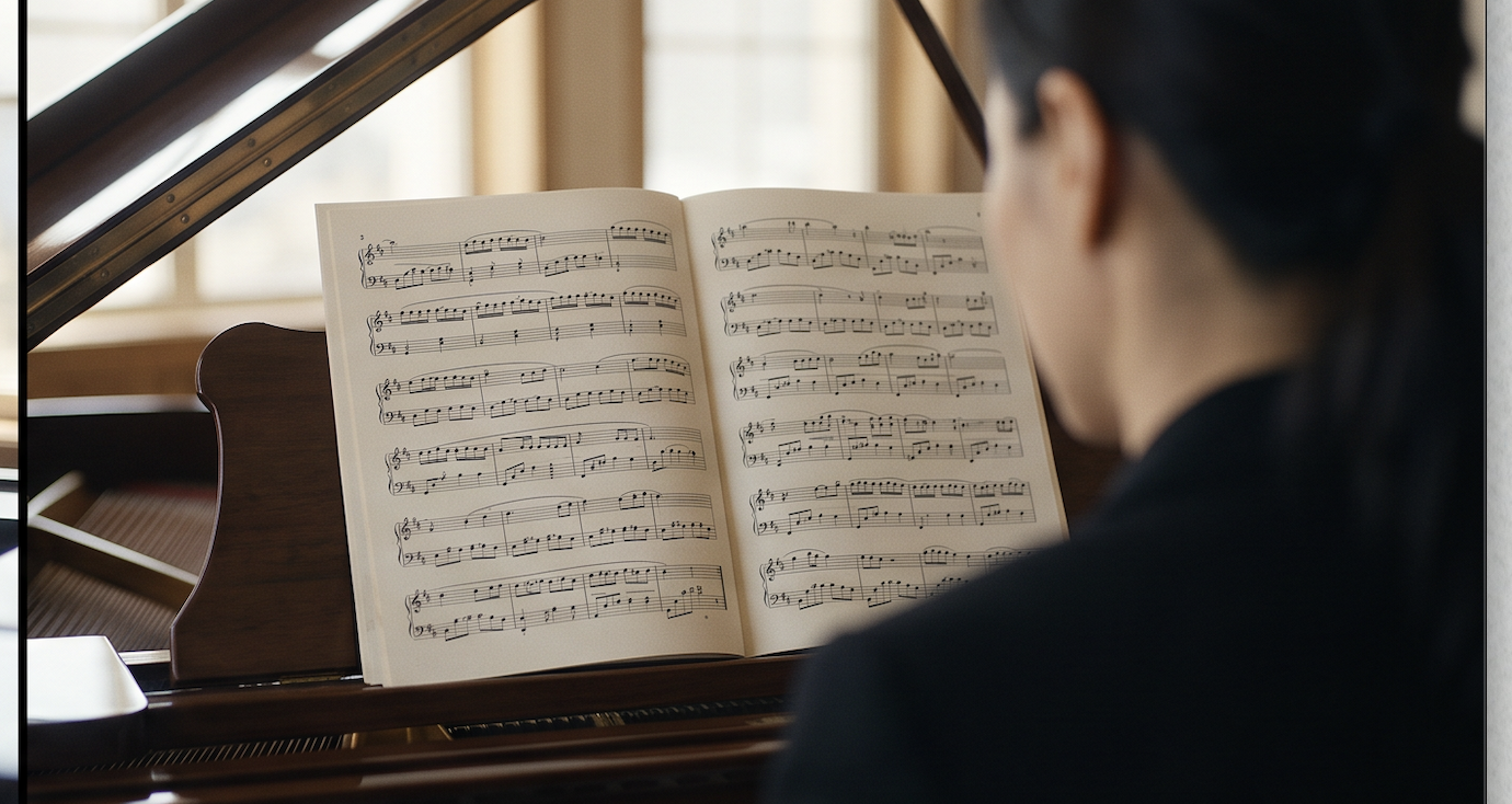 An over-the-shoulder view of a pianist in a black top reading an open score propped on the piano’s music desk, with warm daylight through windows behind