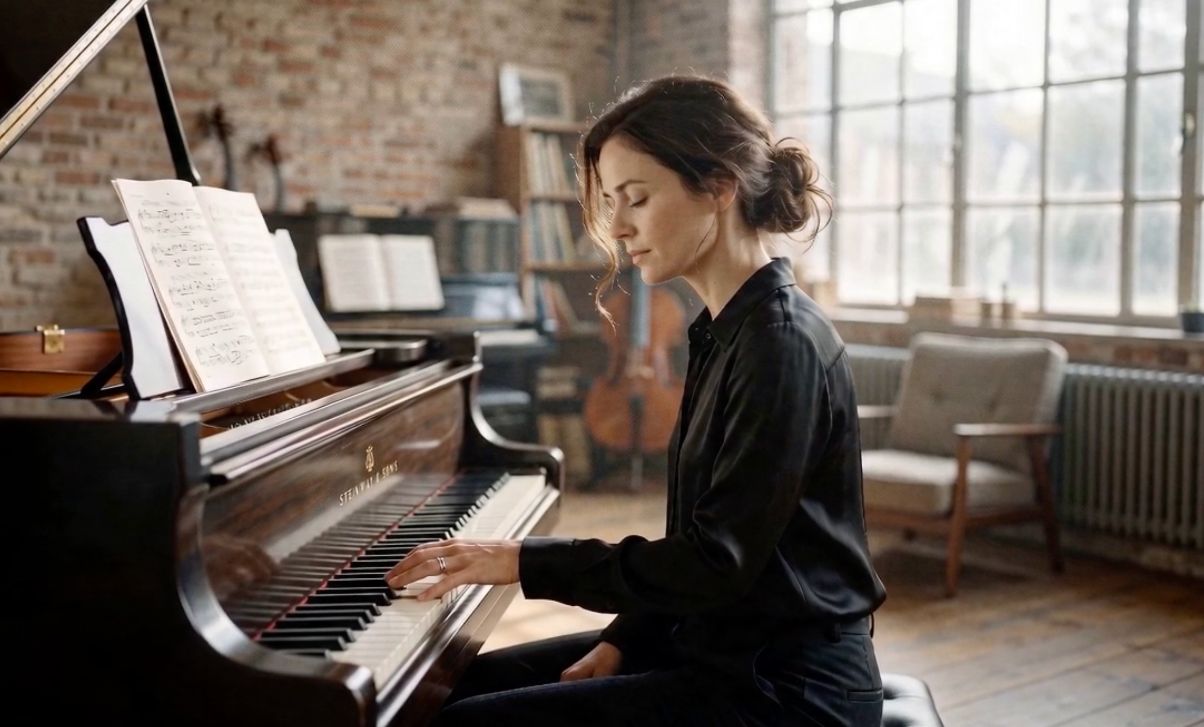 A pianist with eyes closed playing a Steinway & Sons grand piano in a warmly lit, brick-walled studio with sheet music, a cello, and a large window