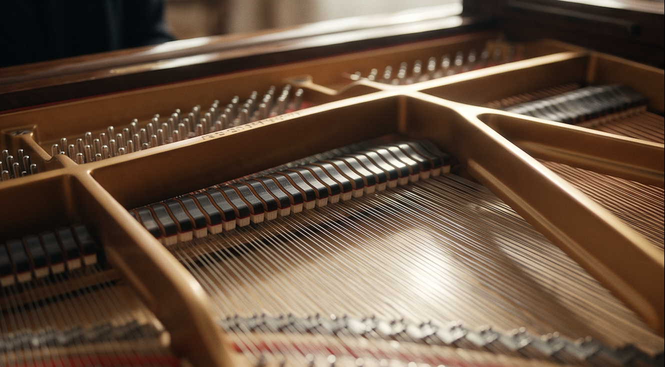 A warm close-up inside a grand piano, the golden frame, dampers, and rows of taut strings catching soft light, with the pianist’s dark sleeve just visible at the top