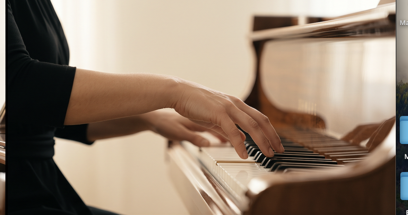 A pianist in black plays a grand piano in warm light, her right hand resting on the keys as the open lid and strings glow behind.