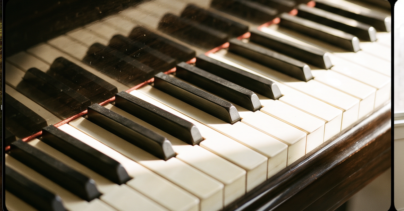 A warm, sunlit close-up of worn piano keys seen at an angle, ivory naturals and black sharps glowing in soft golden light.