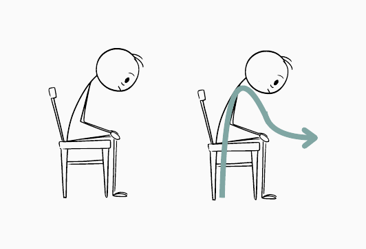 Two seated line-drawn figures leaning forward with the forearms resting near the knees; the second figure has a teal arrow curving from the lower back down and forward, showing free energy directed toward an imaginary keyboard.
