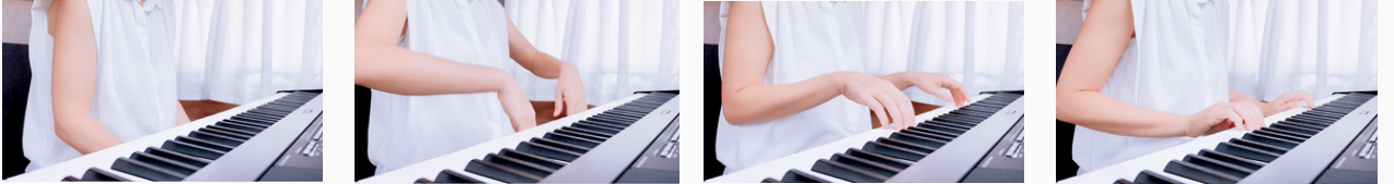 A four-frame photographic sequence showing the "1 & 2 &" approach to the keyboard: lean forward, raise the elbows, lower toward the keys, and land.