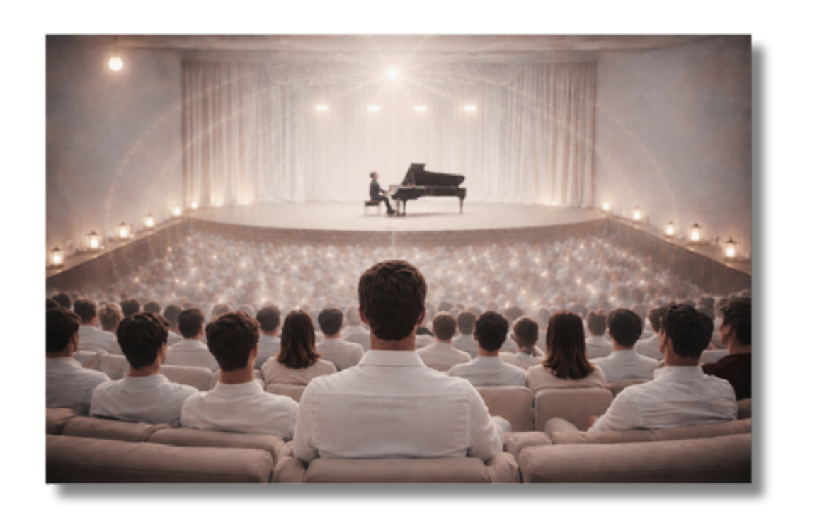 A softly lit concert hall seen from within the audience: a pianist at a grand piano on a candle-lined stage, with rows of listeners dressed in white leaning forward, absorbed in listening.