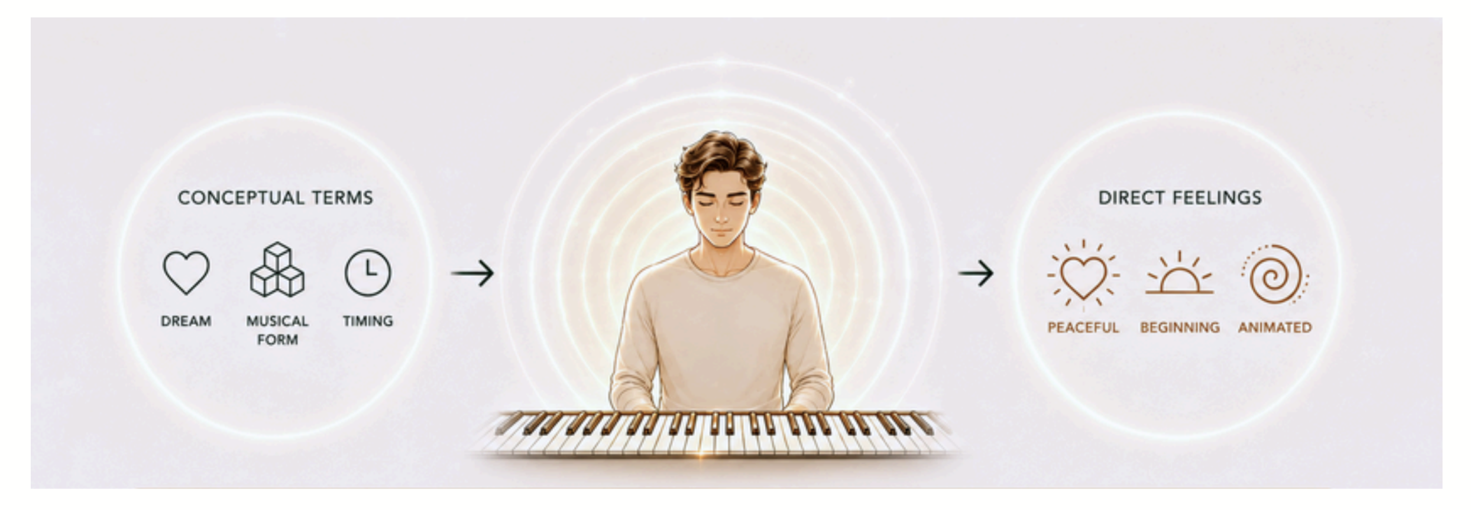 A diagram showing conceptual terms (dream, musical form, timing) transformed through a seated pianist into direct feelings (peaceful, beginning, animated).