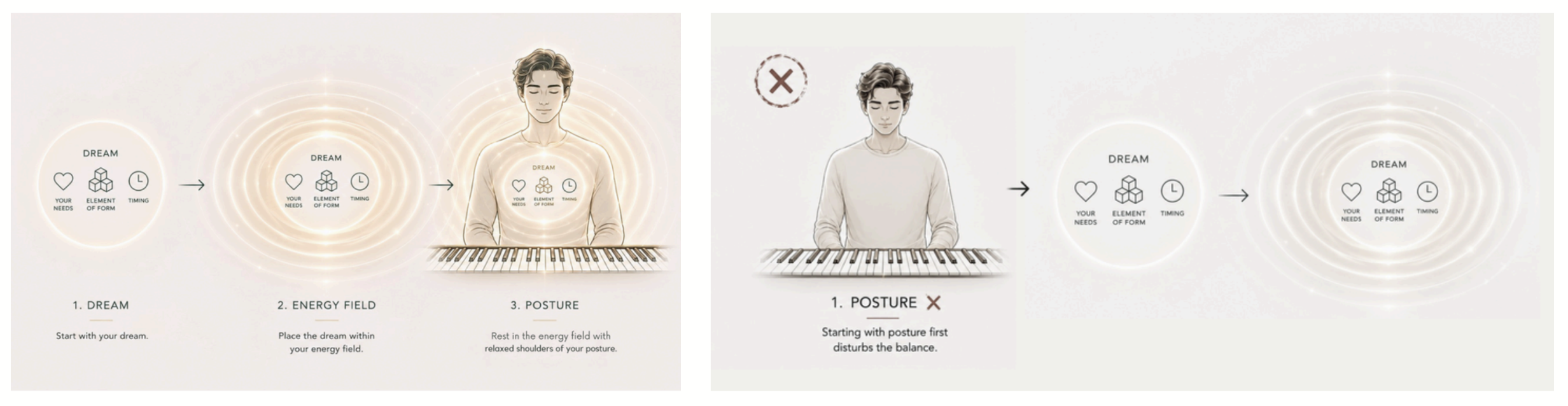 Two panels contrasting the correct focus sequence — 1. Dream, 2. Energy Field, 3. Posture — with a crossed-out panel showing posture first, which disturbs the balance.