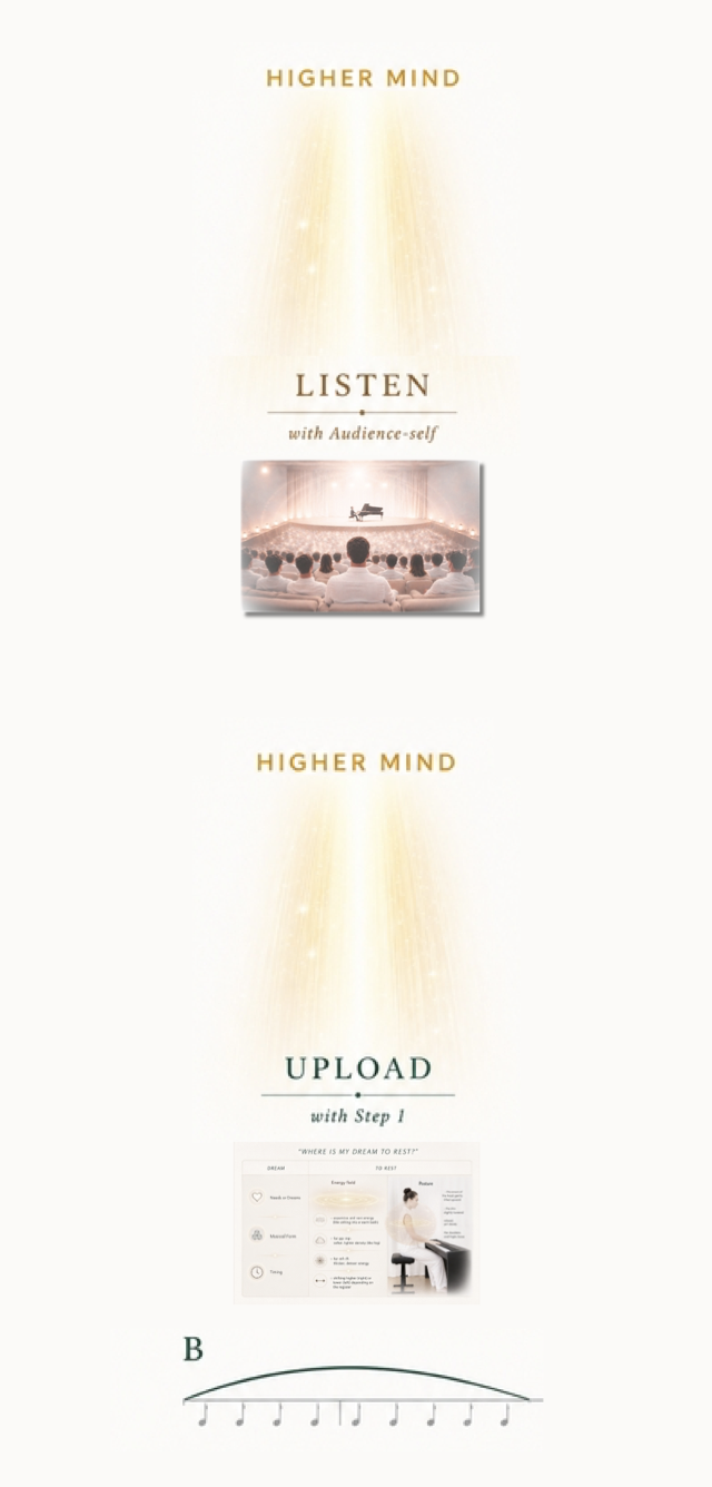 A vertical diagram: a “Higher Mind — Listen with Audience-self” panel above a “Higher Mind — Upload with Step 1” panel, with an opening-block (B) timing arc beneath.