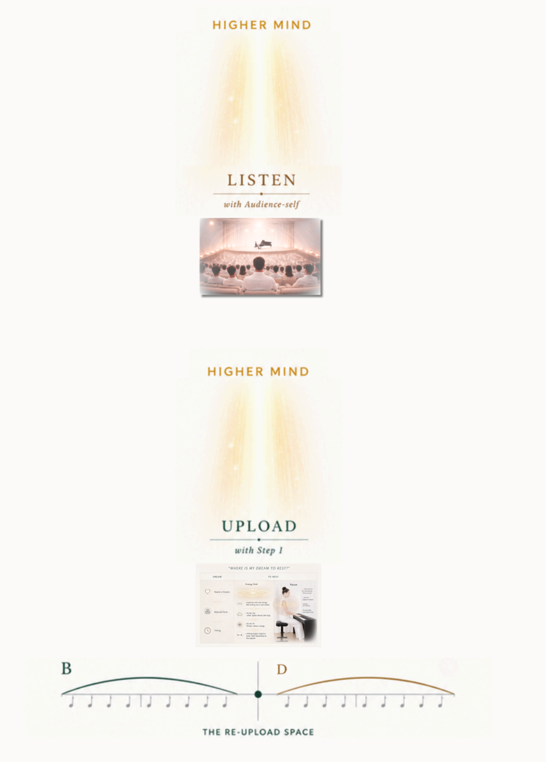 A transition diagram: two “Higher Mind” light-beam graphics (Listen and Upload) above a double timing arc marked B and D, labelled “the re-upload space.”