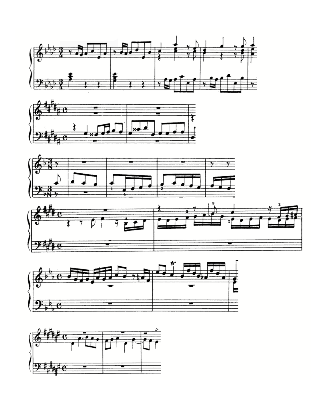 Six systems of keyboard notation presented without articulation markings for practice.
