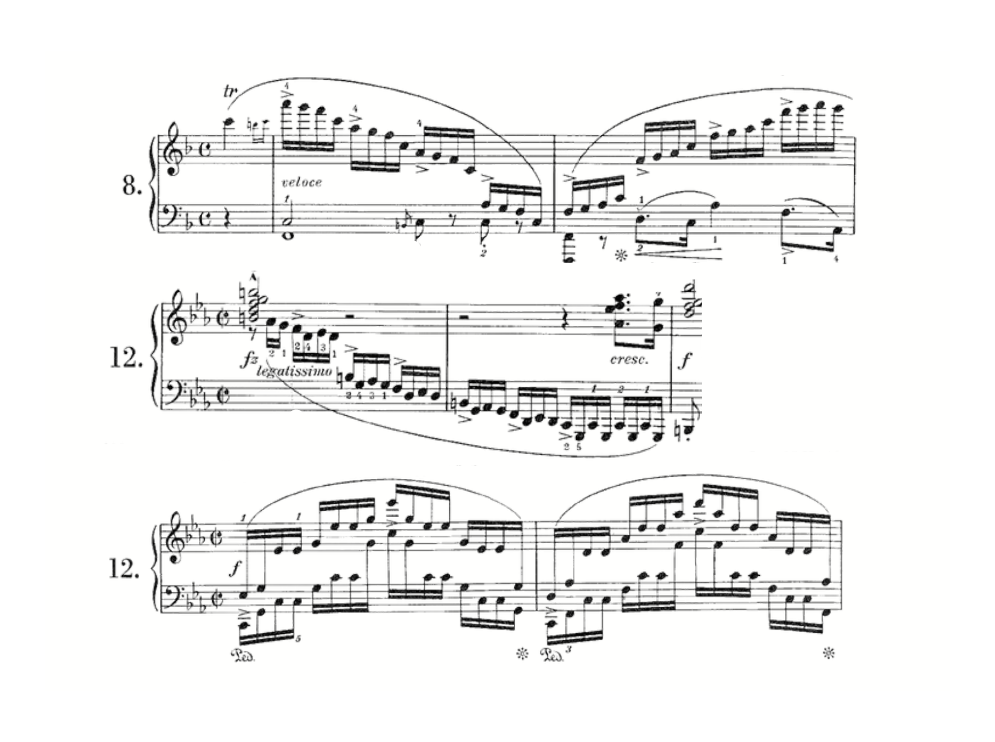 Two Chopin étude excerpts numbered 8 and 12, with accents marking the metrical pulse.