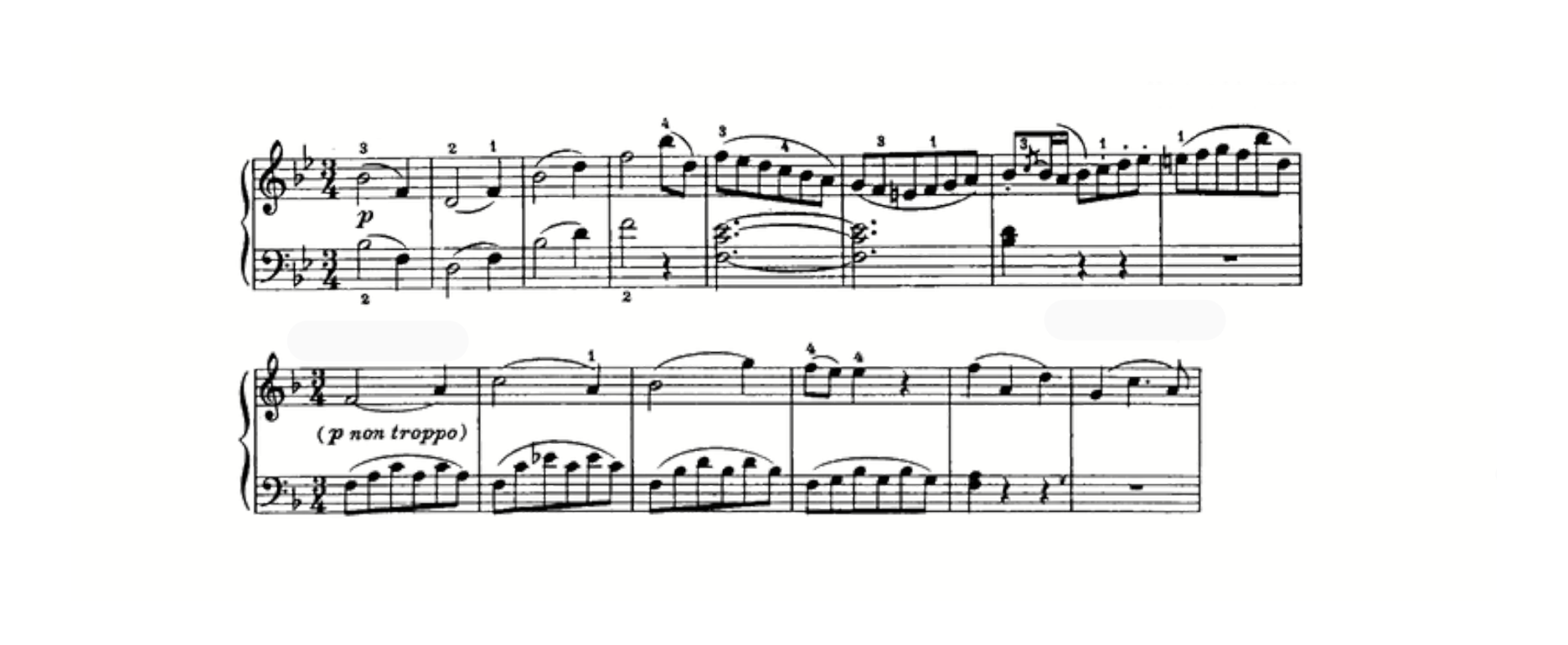 Two systems of Classical keyboard notation marked p non troppo, with slurs ending at the bar lines.