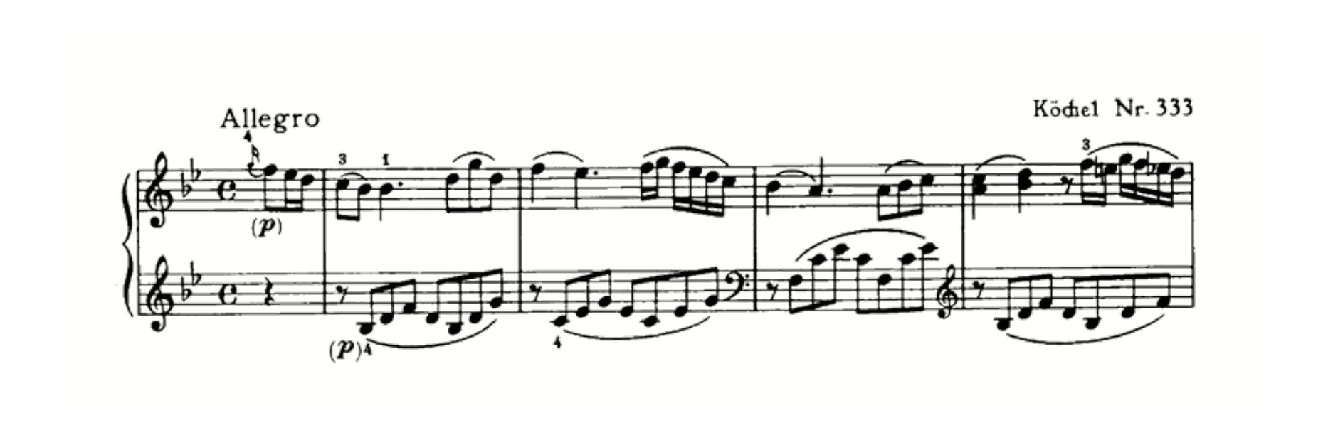 Opening bars of Mozart’s Sonata K. 333, Allegro, showing Classical slur notation.