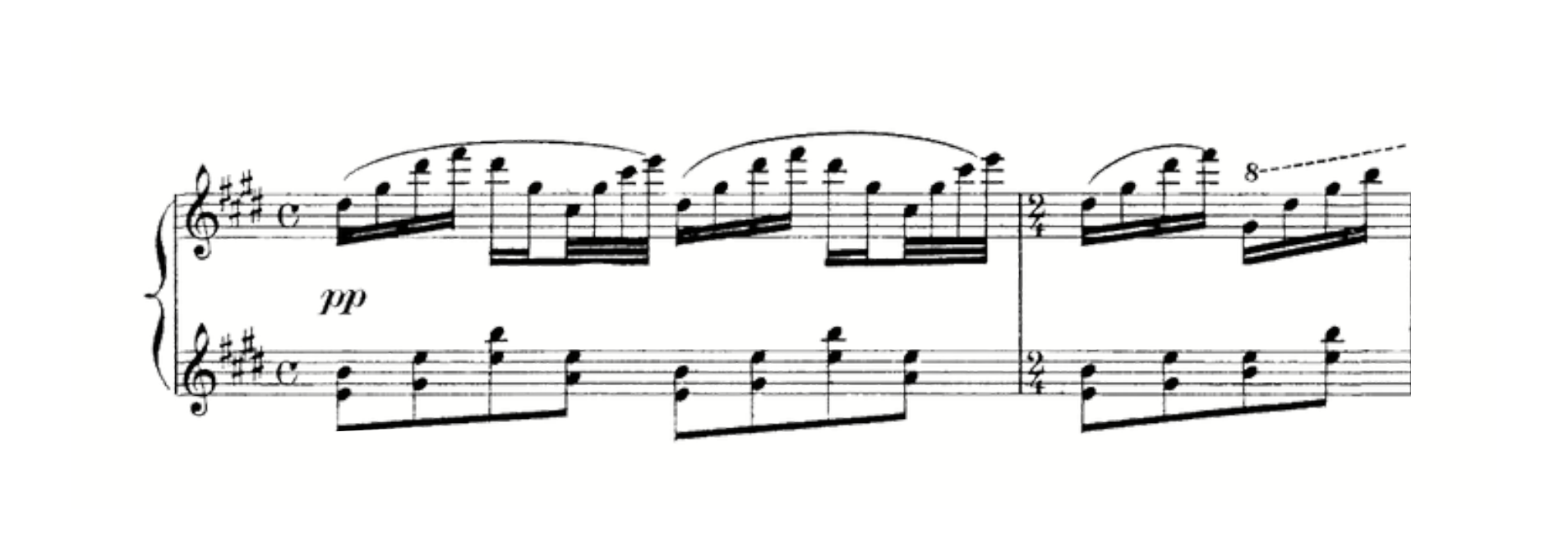 Ravel keyboard excerpt marked pp with long phrasing slurs over the right-hand line.