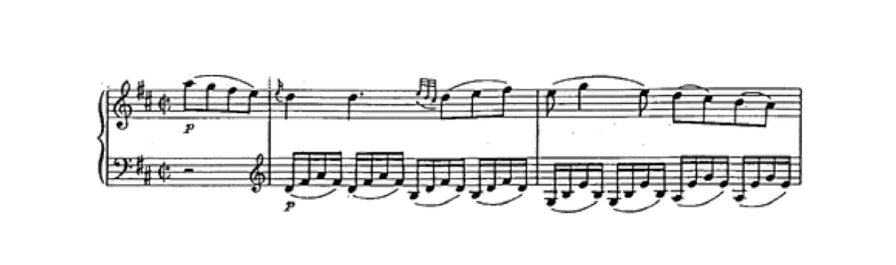 Classical keyboard excerpt in D major with a slur beginning on a note within the left-hand accompaniment.
