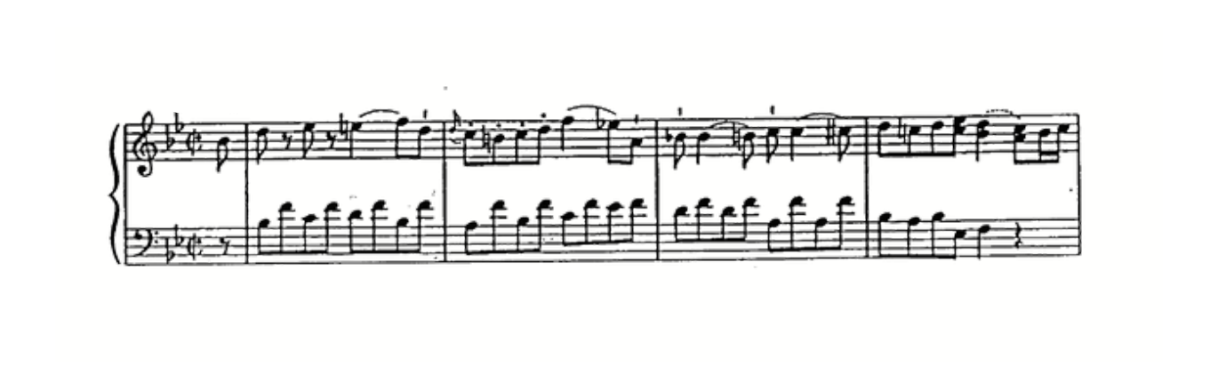 Classical keyboard excerpt with two-note slurs in both hands.