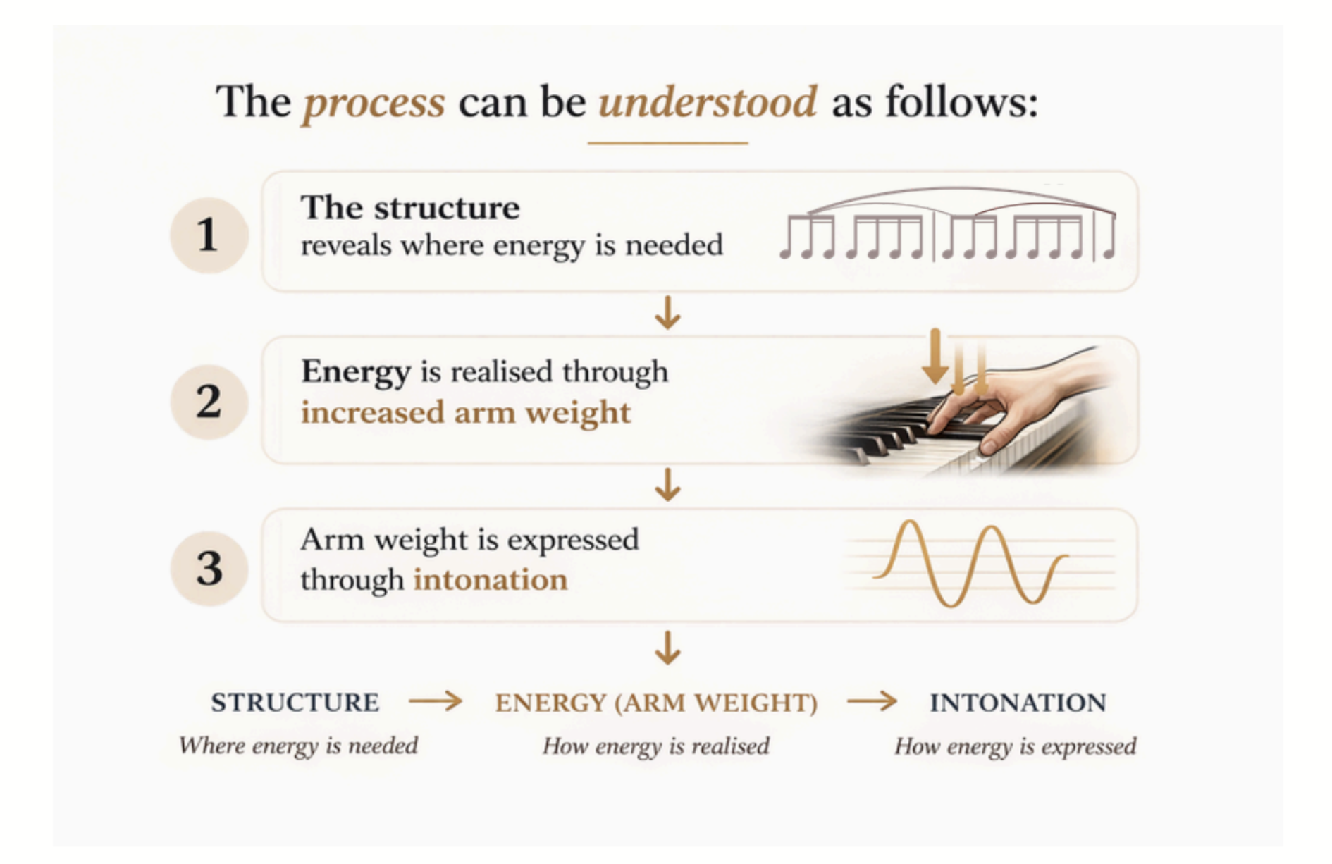 A three-step diagram: 1) the structure reveals where energy is needed, shown with phrase arcs; 2) energy is realised through increased arm weight, shown with a hand on the keys; 3) arm weight is expressed through intonation, shown as a waveform. Below, the chain STRUCTURE → ENERGY (ARM WEIGHT) → INTONATION.