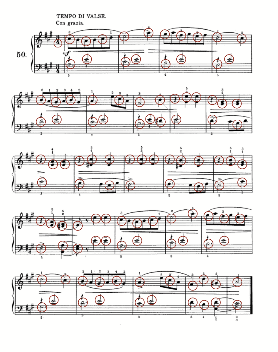 Study No. 50, Tempo di Valse (Con grazia) in 3/4, with the circle notes marked on the beats indicated by the time signature and fingering numbers throughout.