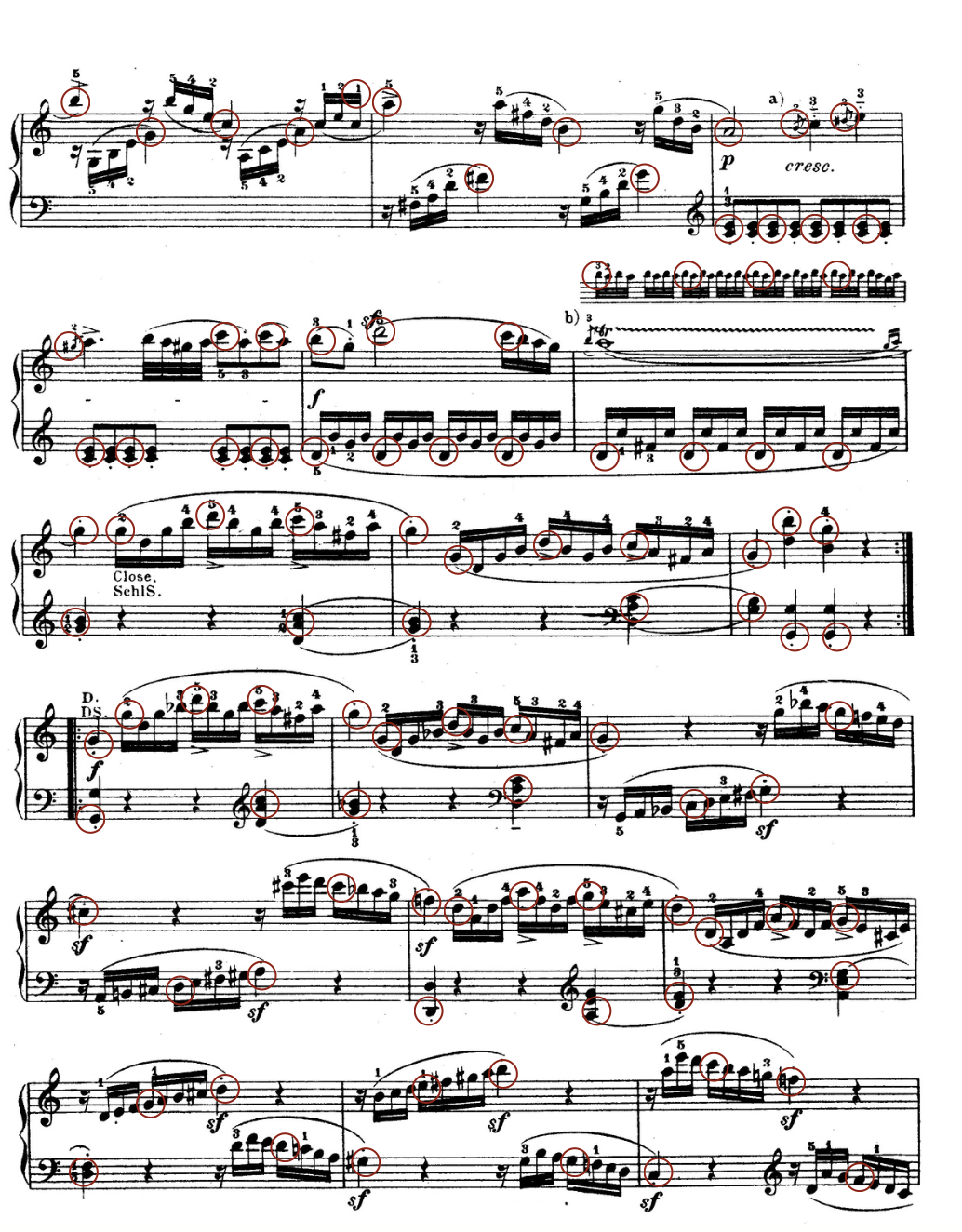 A following Mozart sonata page (marked “Close. SchlS.” and “D.S.”) with its beat notes circled in red.