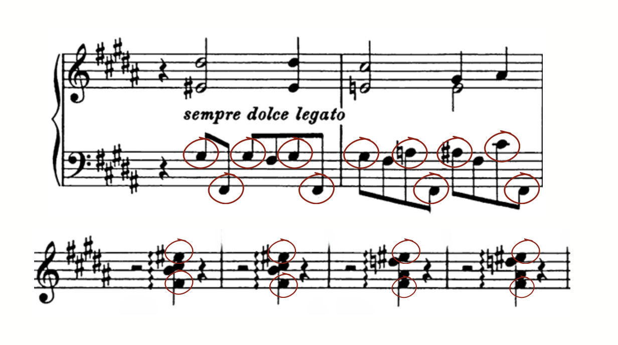 Sempre dolce legato excerpt in which the left-hand line requires active elbow motion; each circled note is ringed in red with small curved arrows showing the intended direction of the shift.