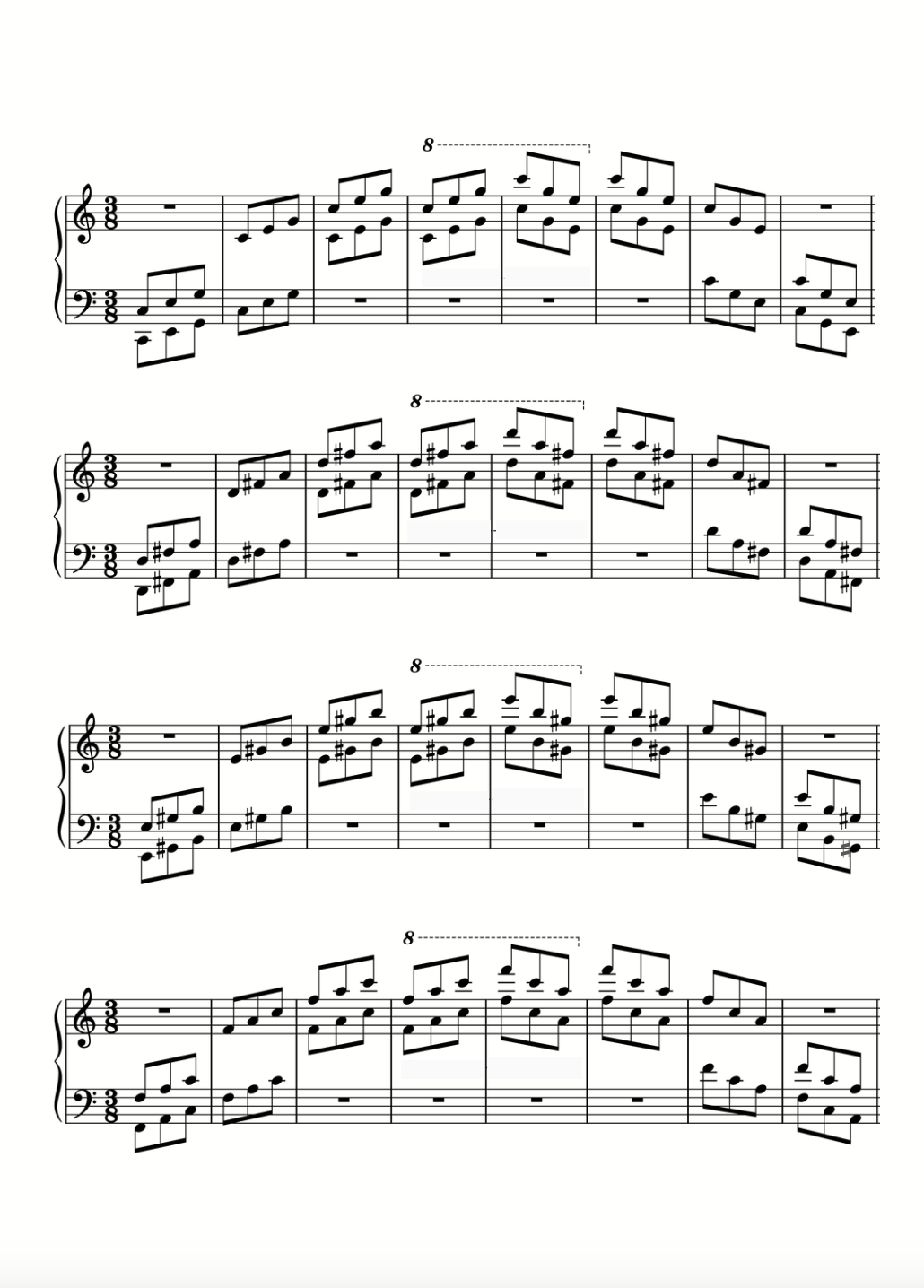 A page of 3/8 arpeggio exercises in staff notation with 8va octave markings.