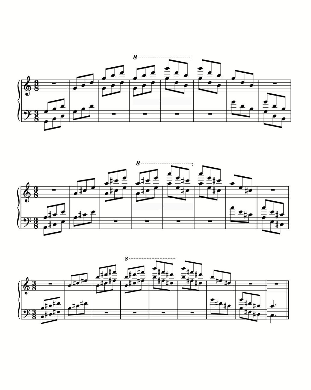 The closing systems of the 3/8 arpeggio exercises in staff notation with 8va octave markings.