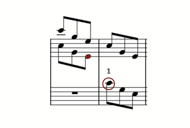 A 3/8 arpeggio excerpt, the legato thumb-under note ringed with a solid circle and marked "1".