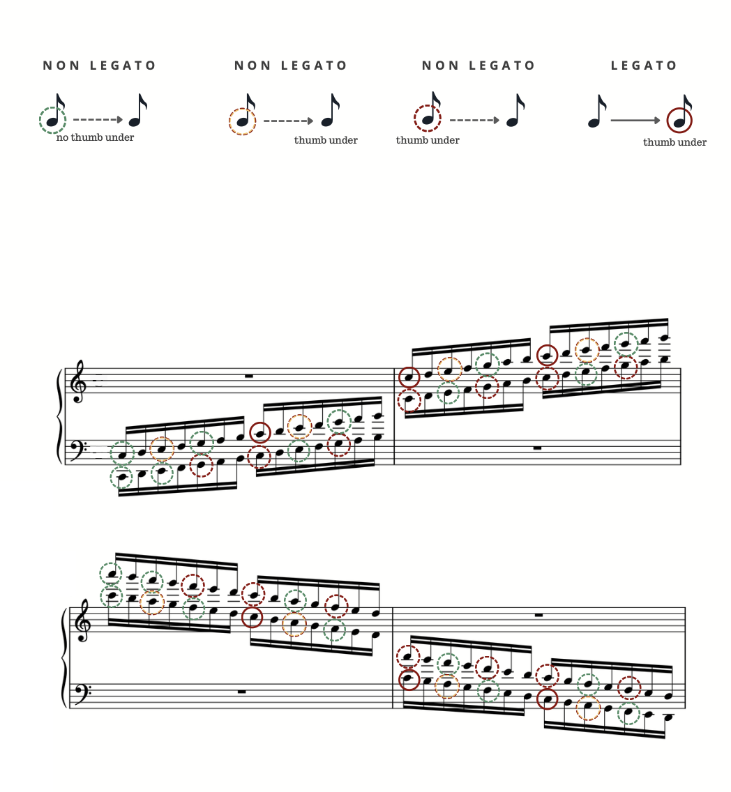 A key of four note symbols—NON LEGATO no thumb under (green dashed circle), NON LEGATO thumb under (orange dashed), NON LEGATO thumb under (red dashed), and LEGATO thumb under (red solid circle)—above two systems of a full scale with every position-change and thumb-under note ringed in the matching colors.