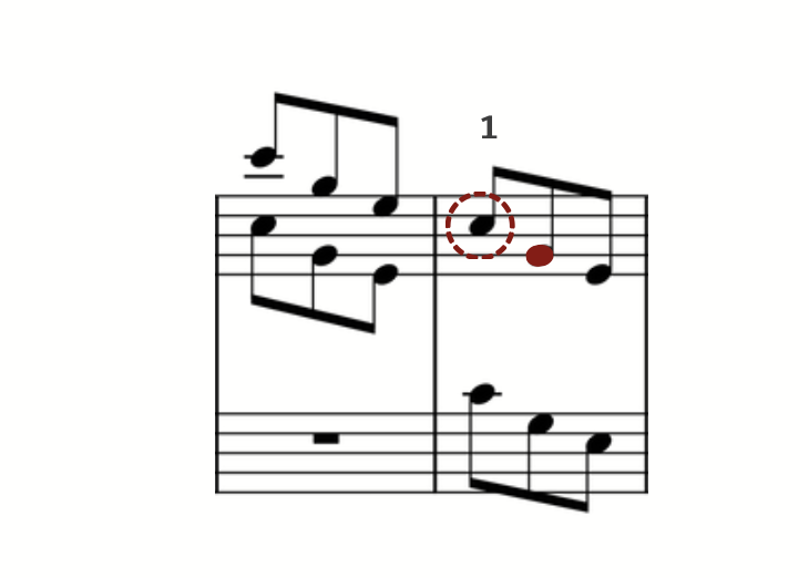 A 3/8 arpeggio excerpt on the grand staff, the thumb-under note ringed with a dashed circle and marked "1".