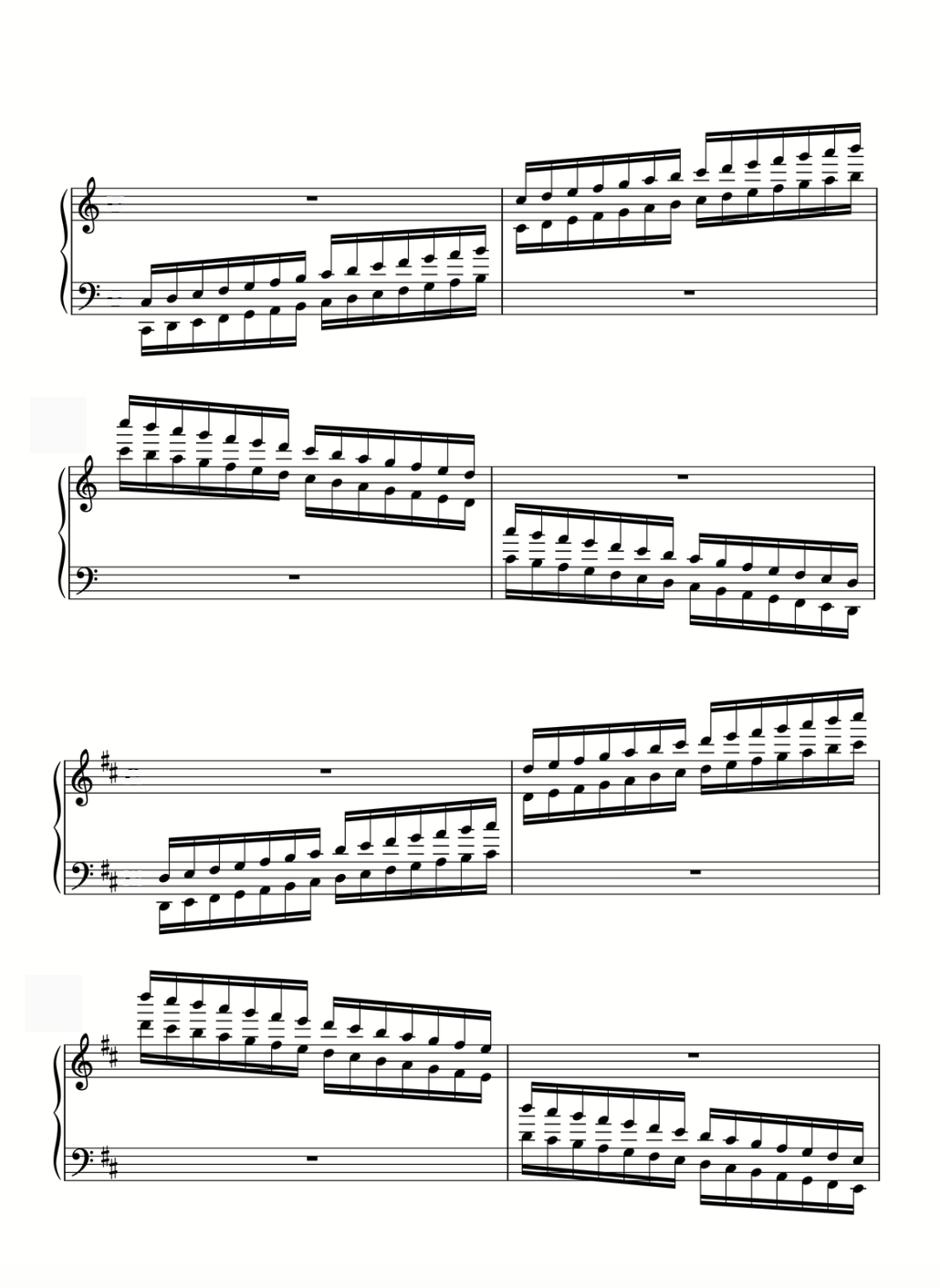 A page of scale exercises in staff notation across the keys, written on the grand staff.