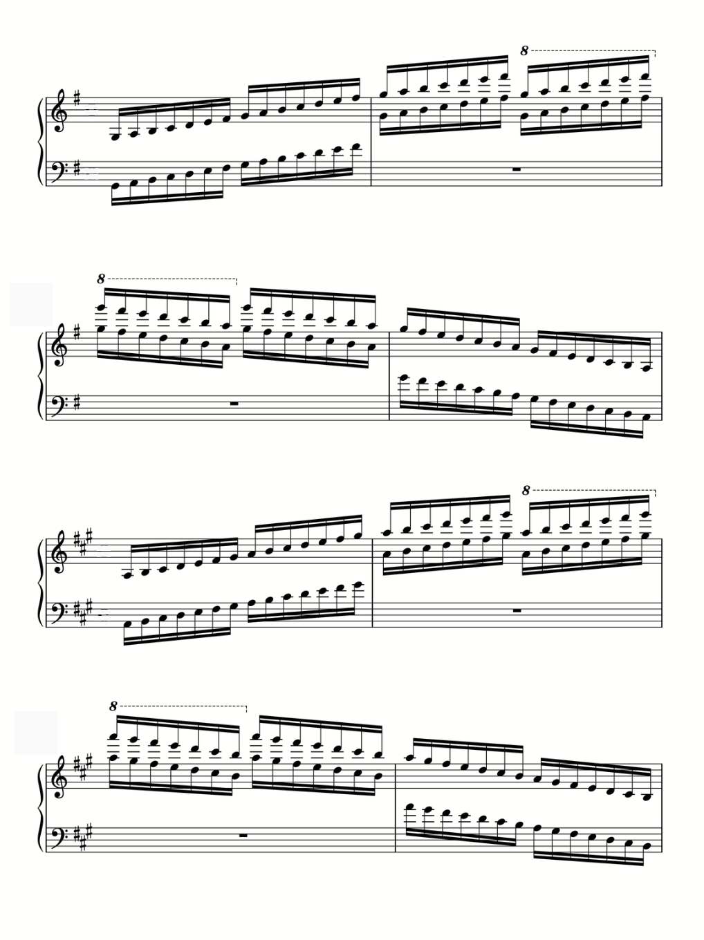 A further page of scale exercises in staff notation with 8va octave markings.