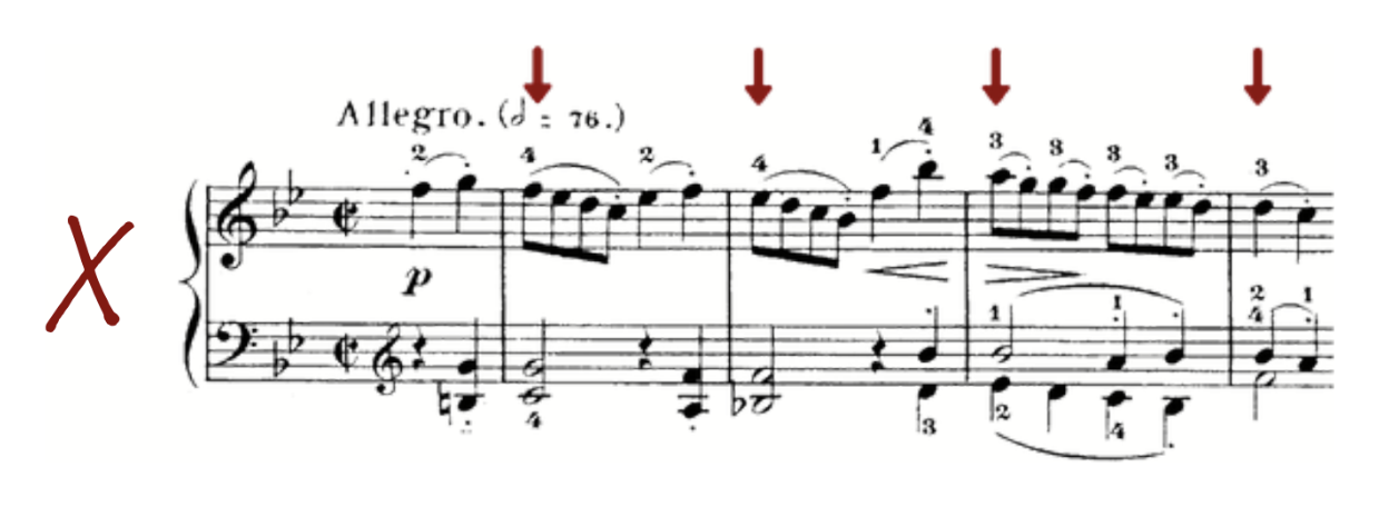 An Allegro passage in cut time with four widely spaced red downward arrows across the top and a large red X beside the staff.