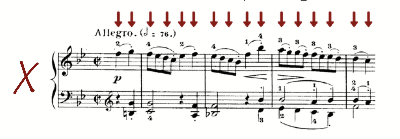An Allegro passage in cut time densely covered with red downward arrows over every eighth-note, marked with a large red X.