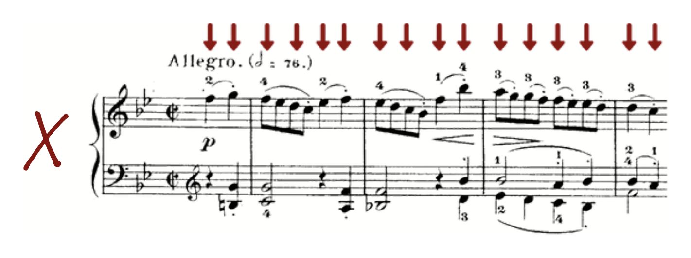 An Allegro passage in cut time densely covered with red downward arrows over every eighth-note, marked with a large red X.