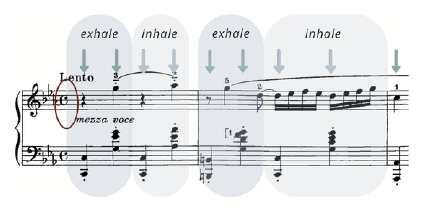 A Lento passage overlaid with alternating "exhale" and "inhale" labels and teal arrows aligned to the stronger and lighter beats.